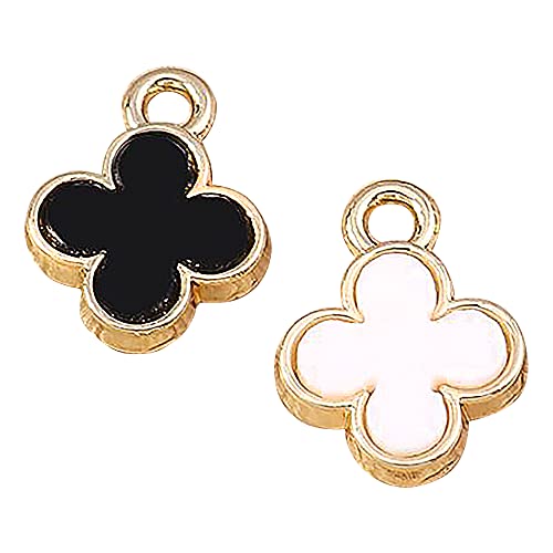 M398 Tiny 4-leaf Clovers DIY Bracelet Charms Zinc Alloy Metal Pendants Wholesale (White & Black,8pcs) - size: 1.0 cm (H) x 1.0 cm (L) x 0.2 cm (D)