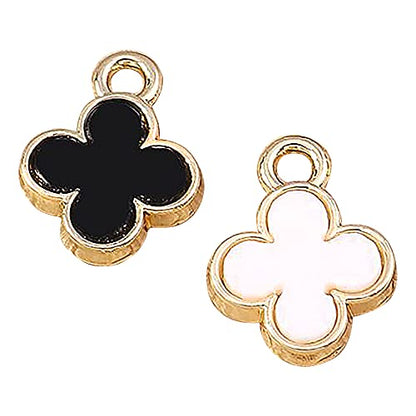 M398 Tiny 4-leaf Clovers DIY Bracelet Charms Zinc Alloy Metal Pendants Wholesale (White & Black,8pcs) - size: 1.0 cm (H) x 1.0 cm (L) x 0.2 cm (D)