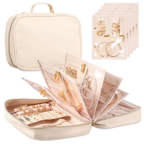 Travel Jewelry Organizer for Women, Jewelry Organizers and Storage with Detachable Zipper Pouches, Tangle-Free Jewelry Travel Case for Necklaces, Earrings, Rings & Bracelets, (Off-white) - color: Off-white