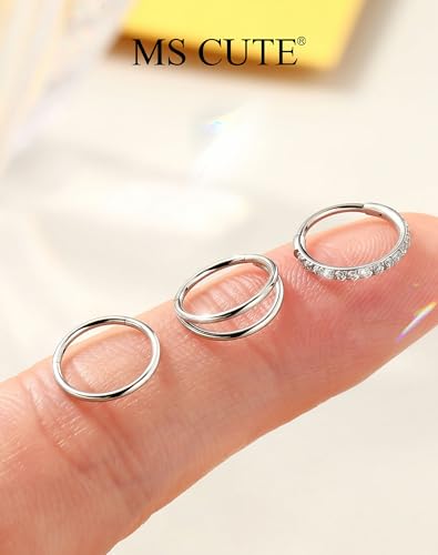 316L Stainless Steel Nose Ring Set – 3PCS Nose Hoops with Cubic Zirconia, 20G/18G, Silver/Black/Gold, 7mm/8mm Sizes, Seamless & Hinged Design for Sensitive Skin Jewelry - color: Silver, size: 18g 8mm