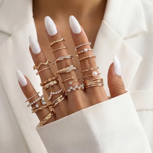 42-Piece Gold Tone Stackable Ring Set for Women, Boho Minimalist Stacking Rings with Crystal & Heart Accents, Adjustable Open Band Jewelry for Daily Wear - style: TZJ-003353-01