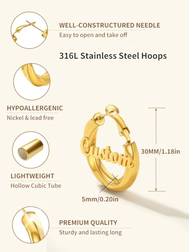 FindChic Twisted Hoop Earrings for Women, Silver/Black/14K Gold Plated Hypoallergenic Hollow Tube Rounded Loop Earrings, 30mm/40mm/60mm/80mm Hoops with Custom Name Options and Gift Box - color: f.Gold (Custom Name), size: 30MM