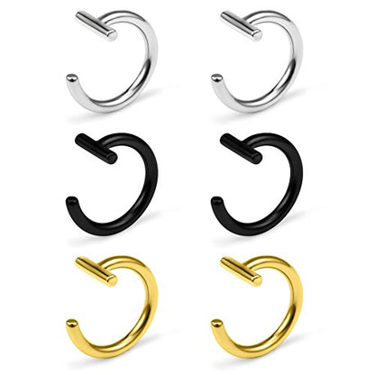 14G T Shaped Stainless Steel Gothic Clip on Non piercing Double Fake Cuff Lip Nose Ring Septum Hoop Women Men 6pcs - color: 6PCS - Mix Color 1#