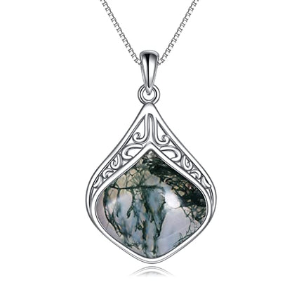 YAFEINI Teardrop Necklace Sterling Silver Filigree Irish Pendant Necklace Natural Stone Moonstone/Lapis Lazuli/Larimar/Moss Agate Necklace Jewelry - color: Moss agate teardrop necklace
