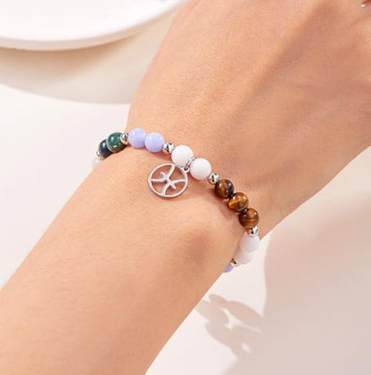 XAM 12 Zodiac Stone Beaded Bracelet - Natural Gemstone & Stainless Steel Charm Constellation Jewelry - color: A