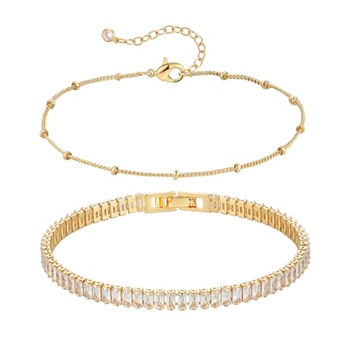 Bracelet for Women Gold Layered Set 14K Gold Filled Stackable Bracelets Trendy Figaro Satellite Chain Cuban Link Minimalist Dainty Bracelet Tennis Bracelet Jewelry - style: Tennis & Satellite
