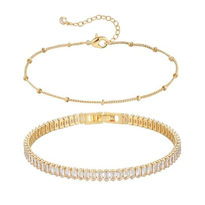 Bracelet for Women Gold Layered Set 14K Gold Filled Stackable Bracelets Trendy Figaro Satellite Chain Cuban Link Minimalist Dainty Bracelet Tennis Bracelet Jewelry - style: Tennis & Satellite