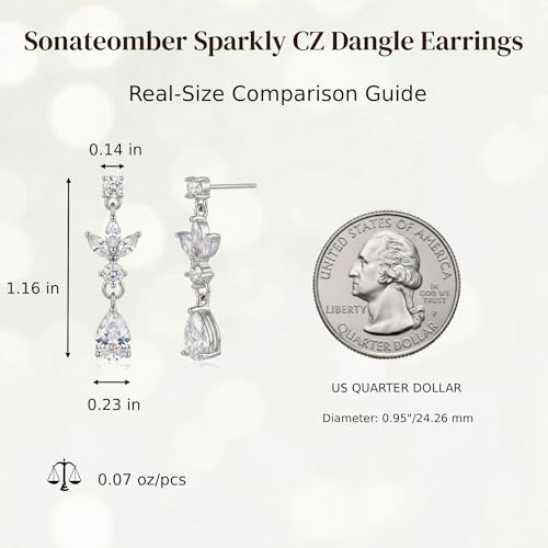 Sonateomber Gold Silver Pearl Rhinestone Dangle Earrings for Women, Elegant CZ Leaf Butterfly Bridal Earings Prom Wedding Fashion Jewelry Gift - color: Silver CZ