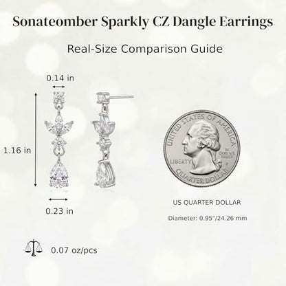 Sonateomber Gold Silver Pearl Rhinestone Dangle Earrings for Women, Elegant CZ Leaf Butterfly Bridal Earings Prom Wedding Fashion Jewelry Gift - color: Silver CZ