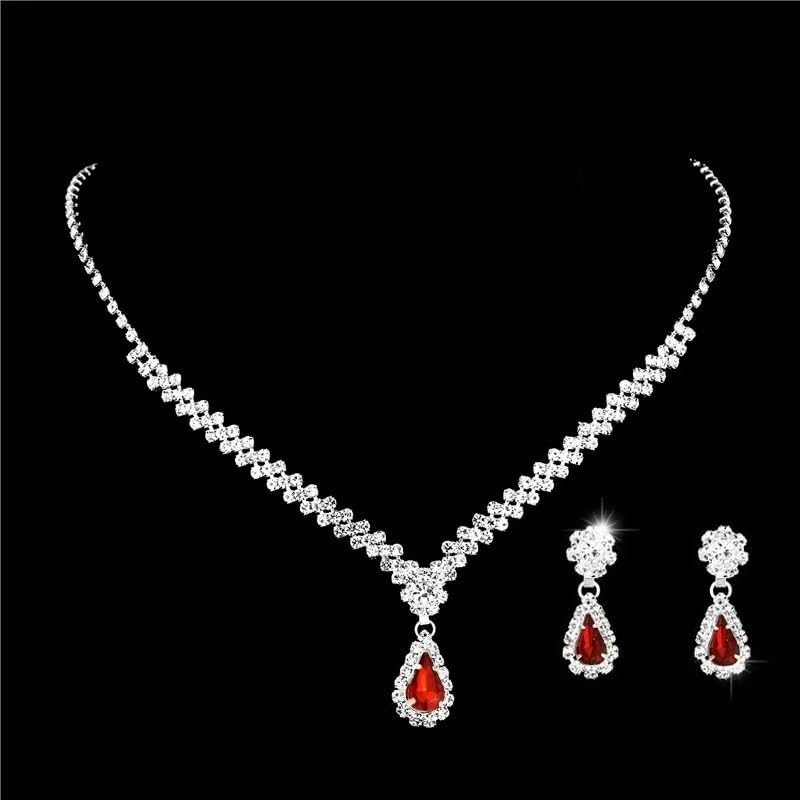 Wedding Jewelry Sets for Brides Rhinestone Necklace and Earring Set Bracelet Ring Gold Silver Prom Jewelry Sets Diamond Flower Teardrop Necklace for Women - color: Style4-Red