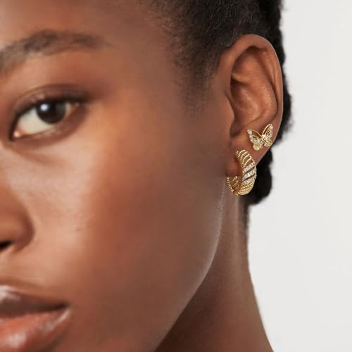 DREMMY STUDIOS Gold Dainty Huggie Hoop Earrings 18K Gold Plated Exquisite Open Tassel Dangle Charm Drop Sleeper Geometric Cross Coin Star Heart White CZ Simple Hypoallergenic Earrings for Women - color: Hollow-CZ