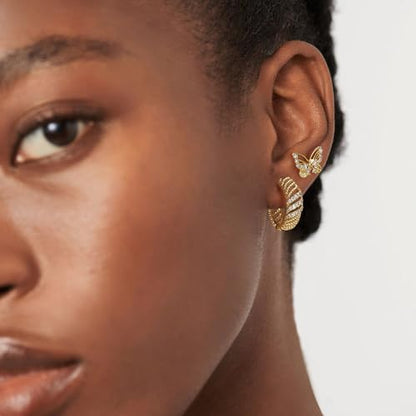 DREMMY STUDIOS Gold Dainty Huggie Hoop Earrings 18K Gold Plated Exquisite Open Tassel Dangle Charm Drop Sleeper Geometric Cross Coin Star Heart White CZ Simple Hypoallergenic Earrings for Women - color: Hollow-CZ