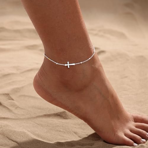 Ankle Bracelets for Women 14K Gold/Silver Plated Cross Heart Bead Anklet Waterproof Adjustable Chain Non Tarnish Cute Boho Trendy Dainty Summer Beach Foot Jewelry Gift for Her - style: Cross-SL