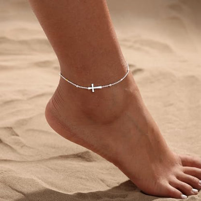 Ankle Bracelets for Women 14K Gold/Silver Plated Cross Heart Bead Anklet Waterproof Adjustable Chain Non Tarnish Cute Boho Trendy Dainty Summer Beach Foot Jewelry Gift for Her - style: Cross-SL