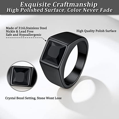 Bestyle Stainless Steel Men Signet Ring-Black/Blue Gemstone Band Ring-Classic Simple Thick Men Ring Size 7-14 - color: 03. 8MM Black Zircon - Black