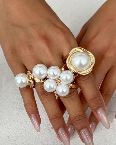 Chunky Gold Shell Starfish Ring Set for Women Trendy Gold Flower Scallop Seashell Starfish Gemstone Rings Adjustable Stacking Statement R-ings Non Tarnish Spring Summer Jewelry Accessories - color: A8:3 pcs