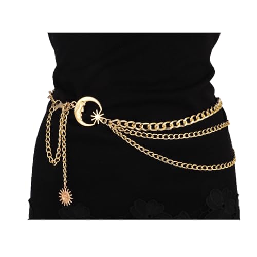 3 Layered Metal Waist Chain Belt for Women Moon & Sun Belly Belt Body Chain Jewelry for Dress Jeans - color: 02 Gold