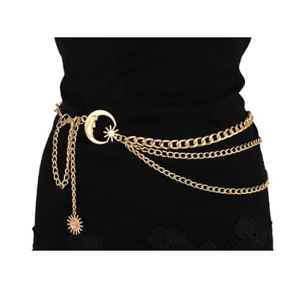 3 Layered Metal Waist Chain Belt for Women Moon & Sun Belly Belt Body Chain Jewelry for Dress Jeans - color: 02 Gold