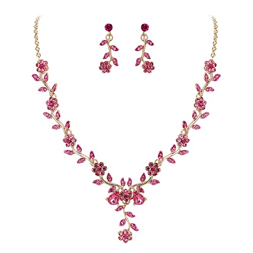 Women's Wedding Jewelry Set for Bride,Prom Bridal Accessories | Bling Crystal,Flower Leaf Cluster,Dangle Earrings Pendant Necklace Set,for Bridesmaid,Party Jewellery - color: 09-Pink Gold-Plated-Base