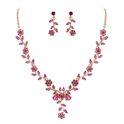 Women's Wedding Jewelry Set for Bride,Prom Bridal Accessories | Bling Crystal,Flower Leaf Cluster,Dangle Earrings Pendant Necklace Set,for Bridesmaid,Party Jewellery - color: 09-Pink Gold-Plated-Base