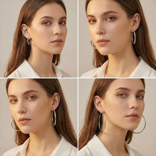 4 Pairs Silver Gold Hoop Earrings for Women,30/40/50/60 mm Stainless Steel 14K Silver Gold Plated Loop Earrings for Women Hypoallergenic Fashionable Lightweight Big Women Earrings Loop Earrings Set - color: Silver-30/40/50/60mm
