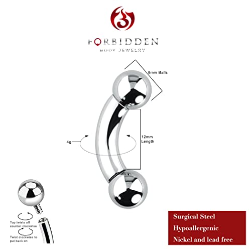 Forbidden Body Jewelry Curved Barbell Piercing Jewelry - 00GA-16GA Silver Eyebrow Piercing - Surgical Steel Snake Eye Frog Eyes Tongue Rings & Belly Rings for Women (6/14mm Bar, 3/12mm Balls) - style: 4GA, 12mm Length, 8mm Balls