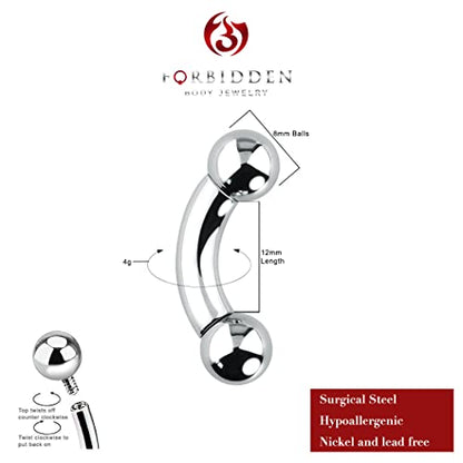 Forbidden Body Jewelry Curved Barbell Piercing Jewelry - 00GA-16GA Silver Eyebrow Piercing - Surgical Steel Snake Eye Frog Eyes Tongue Rings & Belly Rings for Women (6/14mm Bar, 3/12mm Balls) - style: 4GA, 12mm Length, 8mm Balls