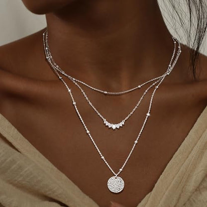 Layered Gold Silver Necklaces for Women, Stackable Stack 14K Real Gold Plated Silver Chain Necklace Diamond Circle CZ Layering Pendant Necklaces Trendy Gold Jewelry Set Gifts - color: silver, style: 3PC-CZ