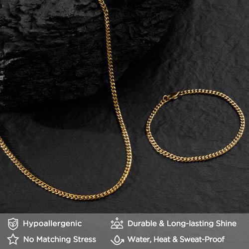 NORBU Stainless Steel Cuban Link Chain and Bracelet Set for Men, Chains 3.5mm/5mm/7mm Width, Bracelet 7 1/2" and 8" Length, No Tarnish & Durable Mens Jewelry - size: 20"Chain & 7.5"Bracelet, style: Cuban Set - 3.5mm