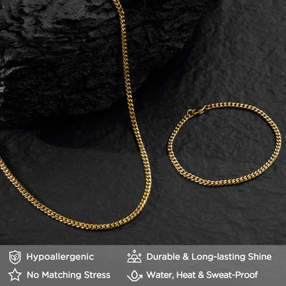NORBU Stainless Steel Cuban Link Chain and Bracelet Set for Men, Chains 3.5mm/5mm/7mm Width, Bracelet 7 1/2" and 8" Length, No Tarnish & Durable Mens Jewelry - size: 20"Chain & 7.5"Bracelet, style: Cuban Set - 3.5mm