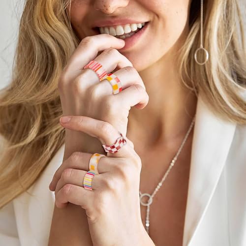 Colorful Resin Rings Set - 26 Pcs Stackable Thumb Knuckle Ring for Women, Checkboard Plaid Strip Patterns, Non Tarnish Dainty Jewelry Gift, Joint Finger Midi Trendy Statement Comfort Fit