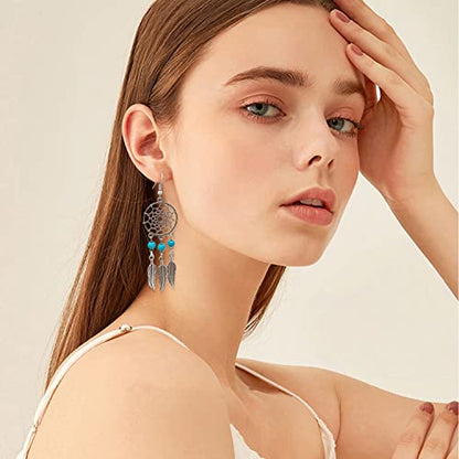 KaFu Woman Retro Silver BOHO Style Metal Dangle Drop Earrings Dream Catcher Statement Feather Dangle Tassels Turquoise Earrings for Women Girls - color: Silver-3