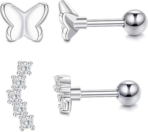 10 Pairs 3mm CZ Stud Earrings Stainless Steel Ball Stud Earrings Barbell Cartilage Flatback Earrings Set for Women Men Helix Piercing Jewelry Silver Gold Rose Gold Black Rainbow - color: Silver Butterfly - 2Pcs