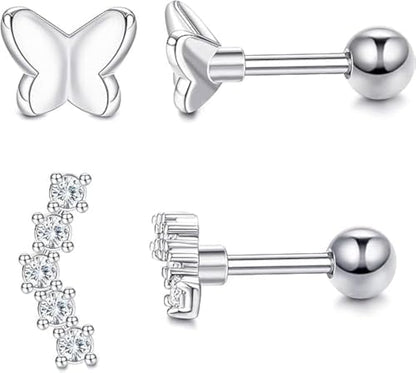 10 Pairs 3mm CZ Stud Earrings Stainless Steel Ball Stud Earrings Barbell Cartilage Flatback Earrings Set for Women Men Helix Piercing Jewelry Silver Gold Rose Gold Black Rainbow - color: Silver Butterfly - 2Pcs