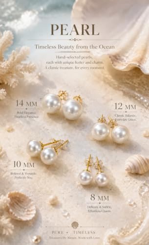 Pearl Earrings Hypoallergenic, Handpicked 18K Gold Plated Sterling Silver | Freshwater Cultured Pearl Stud Earrings Flat Back for Sensitive Ears, 8-14mm, Nickel Free, Non Tarnish Gift Pouch - size: 8mm