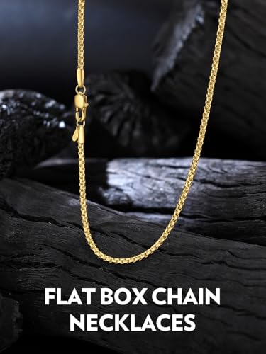 Bandmax Solid Stainless Steel Flat Box Link Chains 2MM/4MM/6MM/8MM Silver/Gold/Black Rolo Cable Chain Necklaces for Men Women 14"-30" Length, Gift Packed - color: 03 2MM-14K Gold Plated