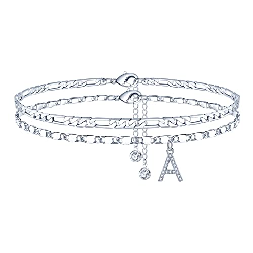 Ursteel Ankle Bracelets for Women, 14K-Gold-Plated Dainty Layered Chain CZ Initial Anklets Set Summer Jewelry Gifts for Women - style: A-Silver-Plated