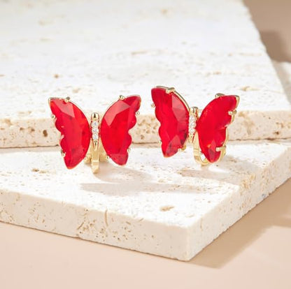 YOQUCOL Butterfly Shape Crystal Clip On Earrings Non Pierced Golden Stud for Women - color: Red