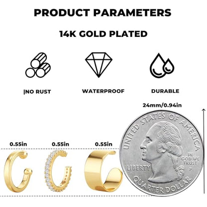 Gold Ear Cuffs Earrings for Women Non Piercing Clip on Cartilage Earrings | Trendy Gold Ear Cuff,Cartilage Clip on Earrings,Thin Huggie Hoop CZ Earring Set ,Fashion Jewelry,Non Tarnish,Gift - style: 3pc chunky cz-gd