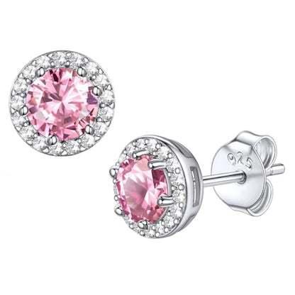 Bestyle 8mm Small Birthstone Earrings for Women with Hypoallergenic Sterling Silver Post,Sparkle Heart/Round Womens Studs Earrings, Great Birthday/Christmas/Anniversary Jewelry for Wife Mother - color: 10. Oct. Pink Tourmaline-Round