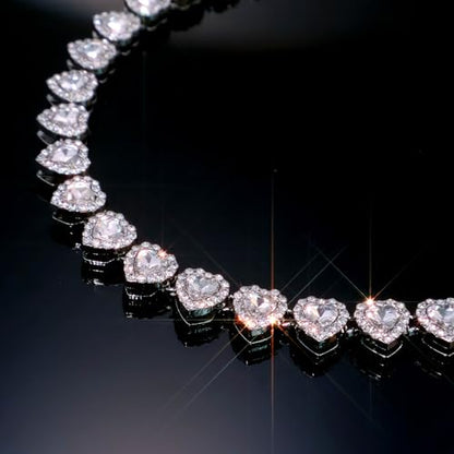 fasone Rhinestone Hearts Necklace, Iced Out Hearts Jewelry，Silver Tennis Necklace For Women，Tennis Necklaces For Women, Heart Tennis Necklace - color: White_17.7inch