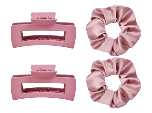Claw Clips and Scrunchies Set 4pcs – 2 Medium Hair Clips, 2 Satin Scrunchies, Non-Slip Matte Square Hair Claws, Hair Accessories for Back to School, Birthday Gift, Daily Use, Dusty Pink - color: Dusty Pink