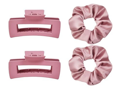 Claw Clips and Scrunchies Set 4pcs – 2 Medium Hair Clips, 2 Satin Scrunchies, Non-Slip Matte Square Hair Claws, Hair Accessories for Back to School, Birthday Gift, Daily Use, Dusty Pink - color: Dusty Pink