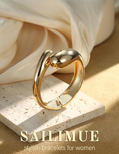 sailimue Chunky Gold Bracelets for Women Non Tarnish Bangles 4 Pcs | 16K Gold Plated Cuff Bracelets Stack Hinged Open Bangle Trendy Jewelry Gifts - style: Style C