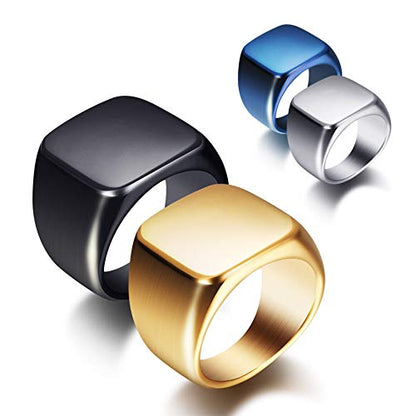 Stainless Steel Signet Ring for Men Solid Square Biker Rings Matte Brushed/Polished Finish - color: Polished, Blue