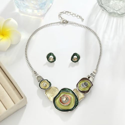 Vintage Statement Jewelry Set - Chunky Flower Floral Plant Geometric Resin Bib Necklace Earring Set Bohemian Boho Crystal Rhinestone Fashion Jewelry for Women Bridal Party Prom Unique Gift - style: MLJS2601