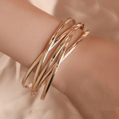 Multi-layer Cuff Bracelet for Women Gold Silver Chunky Cross Wire Bangle Bracelet Wide Adjustable Open Bracelet Trendy Statement Outfits Accessories - color: Gold