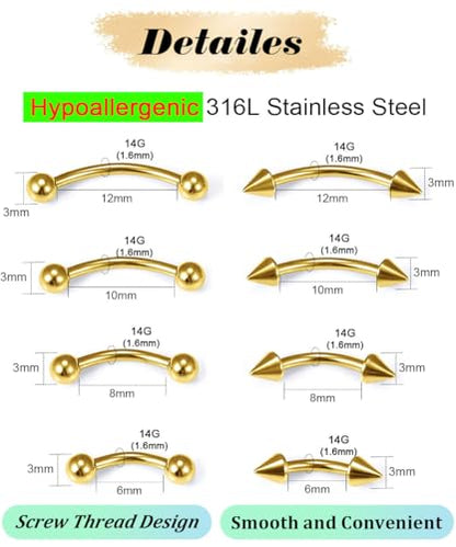 Eyebrow Piercing Jewelry Surgical Steel Curved Barbell Tiny Eyebrow Ring Vertical Labret Lip Jewelry Ear Rook Navel Small Belly Button Ring for Women Men 6mm/8mm/10mm/12mm - size: 14Gauge-Gold-4Pairs