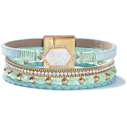 FANCY SHINY Crystal Beaded Leather Wrap Bracelet Stackable Boho Jewelry for Women Resin Stone Bangle Cuff with Magnetic Clasp - color: Green