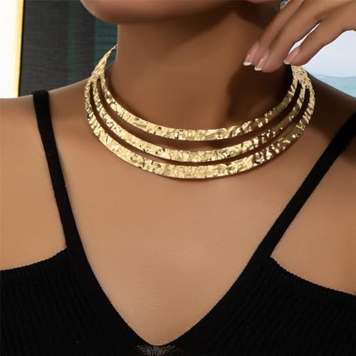 Chunky Gold Necklace Big Statement Chunky Necklace for Women African Tribe Wide Metal Choker Necklaces Jewelry - color: 04 Gold A